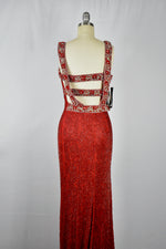 1930s Style Ruby Red Glass Beaded Silk Jersey Bejeweled Evening Gown Dress circa 2010s