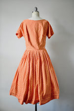 Vintage 1950s Orange Polka Dot Novelty Day Dress by Dress Town INC