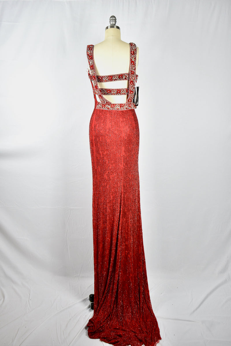 1930s Style Ruby Red Glass Beaded Silk Jersey Bejeweled Evening Gown Dress circa 2010s