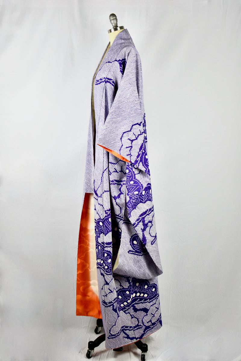 Vintage 1940's Purple Hand Threaded Silk Kimono Wrapper / OS