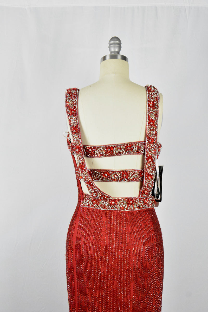 1930s Style Ruby Red Glass Beaded Silk Jersey Bejeweled Evening Gown Dress circa 2010s