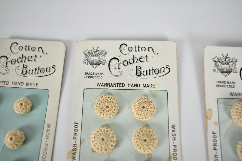 Set of 3 Antique Victorian Handmade Cotton Crochet Buttons on Original Card