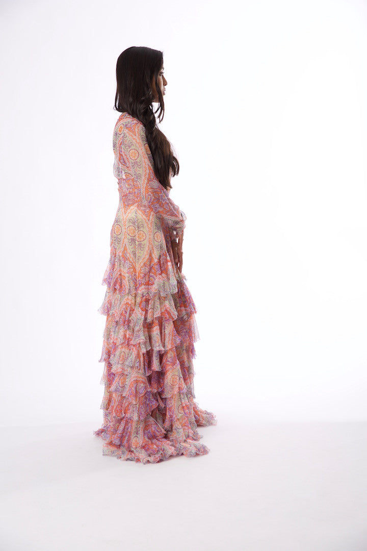 Rental or Purchase Multicolored Floral Motif Sheer Long Sleeve Gown - Vintage World Rocks - 4